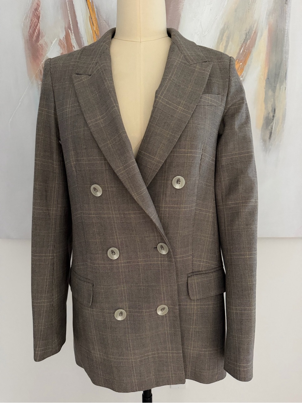 Babaton Double-Breasted Plaid Blazer in Taupe